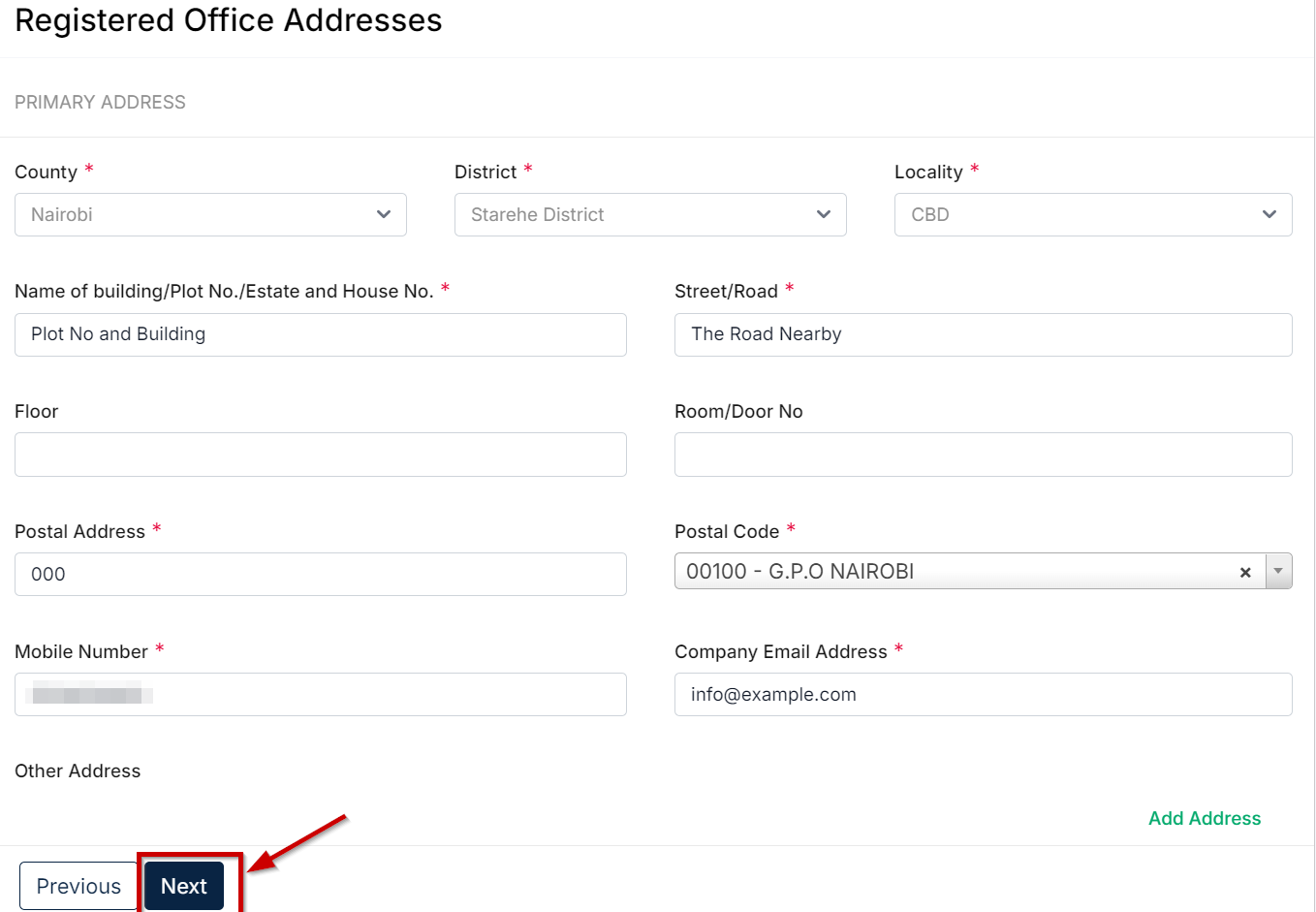 Filling in the registered office addresses