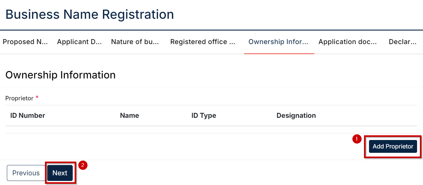 Filling in the ownership information