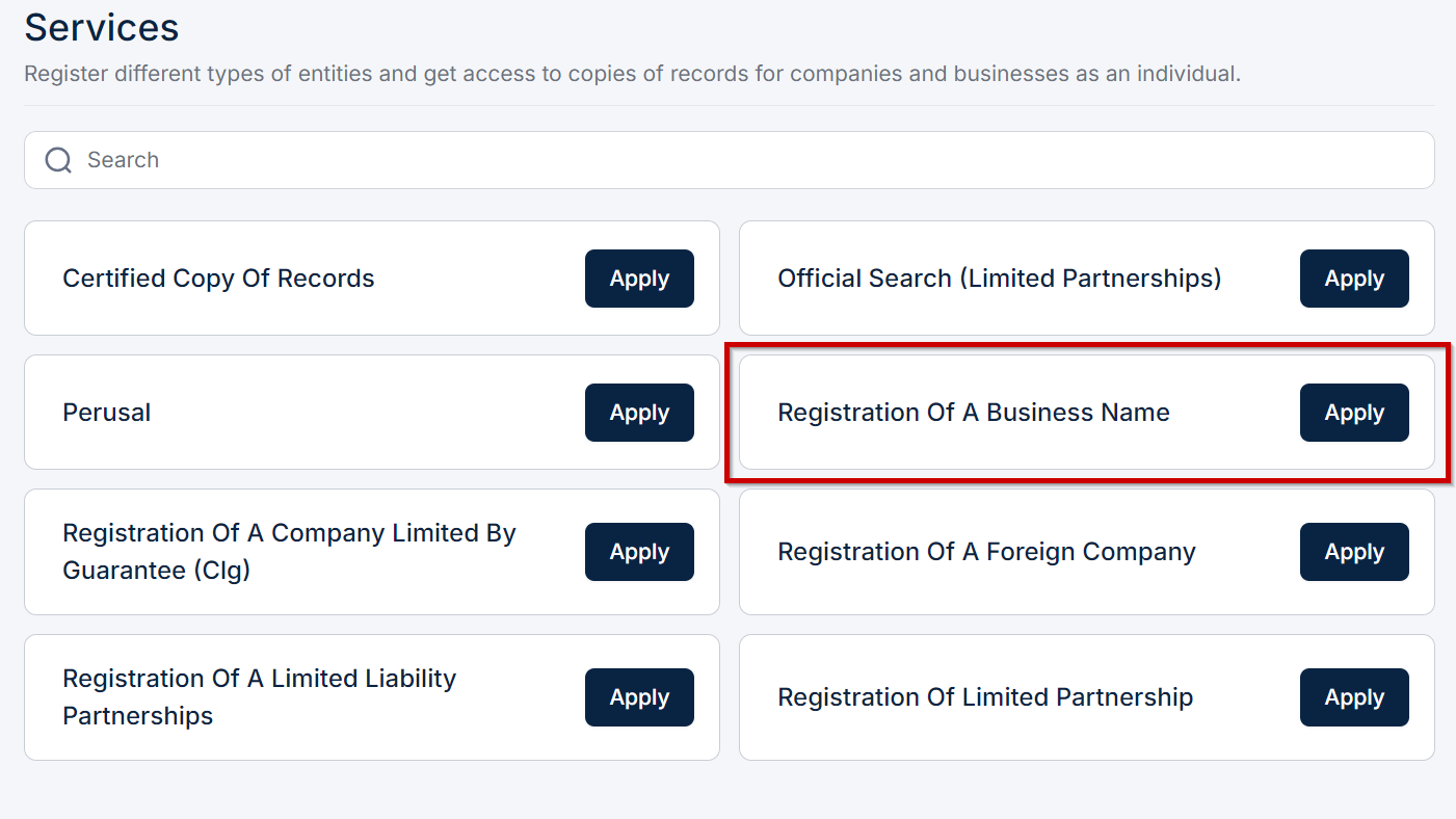 Registration of a business name option