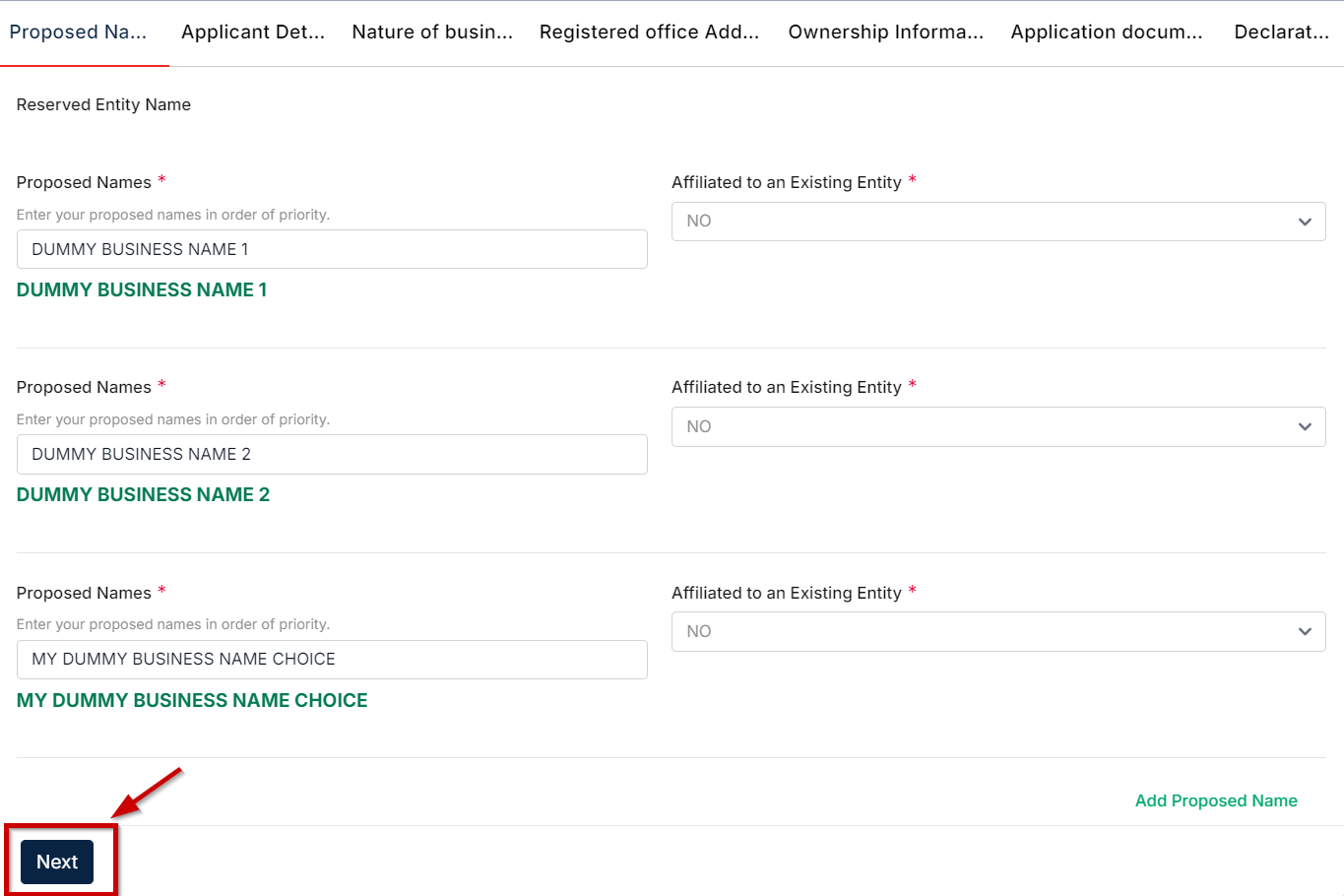 Filling in proposed business names when registering for a business name in Kenya