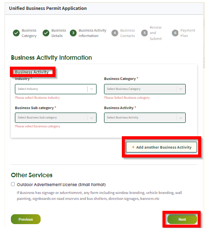 Fill in business activity details