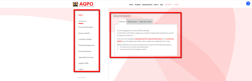 The AGPO dashboard upon logging in as used in article on how to apply for an AGPO certificate