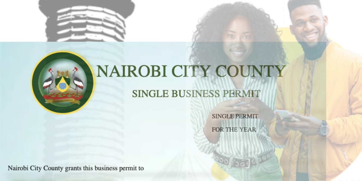 Image showing a Nairobi Business Permit, Sketch of KICC Building and two youthful people smiling as used in an article on How to Apply for a Single Business Permit in Nairobi