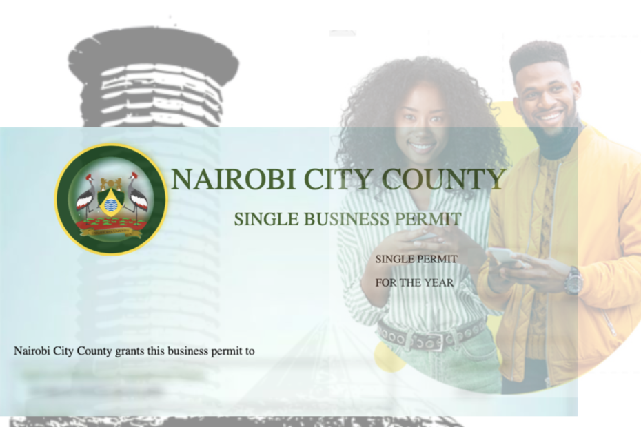 Image showing a Nairobi Business Permit, Sketch of KICC Building and two youthful people smiling as used in an article on How to Apply for a Single Business Permit in Nairobi