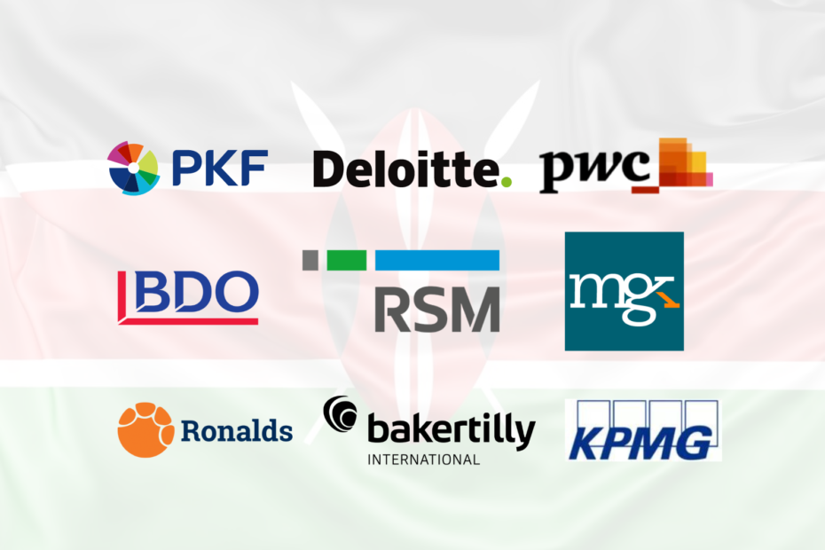 An image with a Kenyan flag in the background and logos of popular accounting firms in the foreground as used in an article listing down the best accounting firms in the country