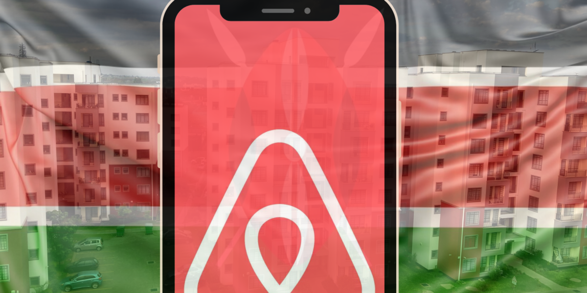 Foreground is a phone mockup with an Airbnb logo on the screen, background is a translucent Kenyan flag, further in the background are condominium (apartment) blocks as used in an article about AirBnB business in Kenya