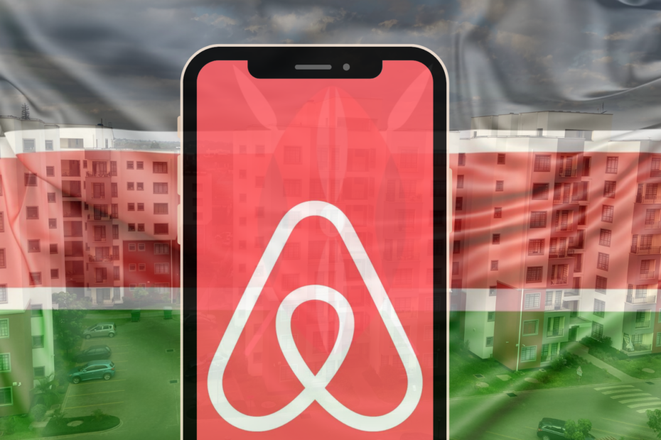 Foreground is a phone mockup with an Airbnb logo on the screen, background is a translucent Kenyan flag, further in the background are condominium (apartment) blocks as used in an article about AirBnB business in Kenya