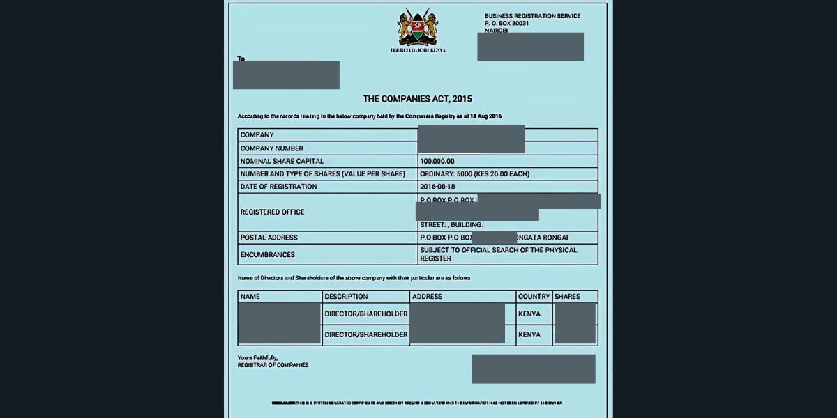 Sample CR12 certificate as used in an article on How to apply for an official search (CR12) in Kenya