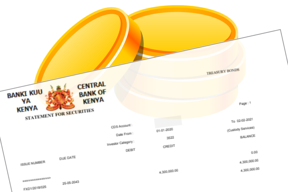 A featured image for an article on Treasury Bonds in Kenya, the image contains an image of CBK statement for securities for treasury bonds and a graphic image of gold coins in the background