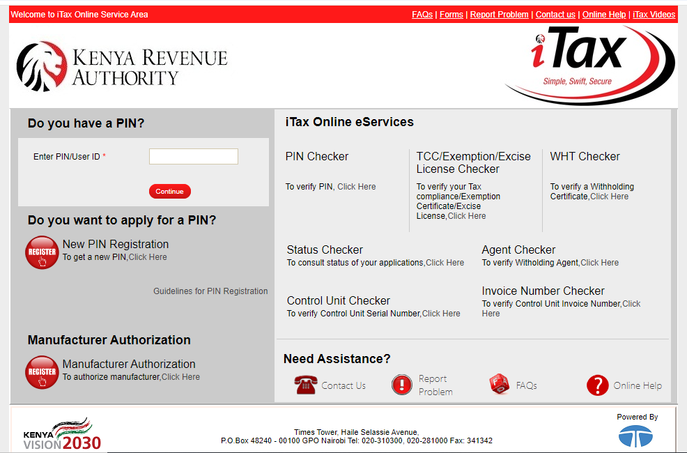 A screenshot of the KRA iTax Portal login page as used in an article on how to apply for a tax compliance certificate in Kenya