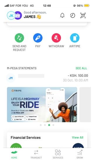 Screenshot of M-Pesa app home