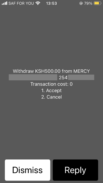 Screenshot of Withdrawal confirmation message from Pochi La Biashara