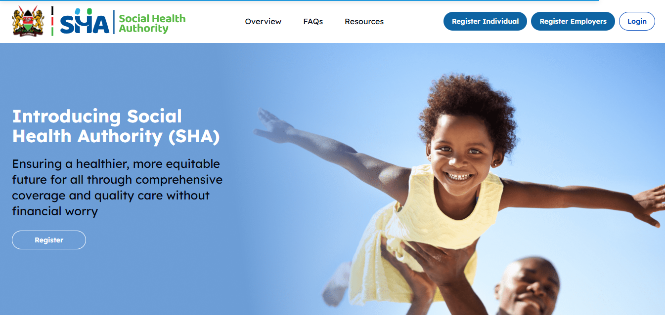 The Social Health Authority portal homepage screenshot as used in an article on how to register with SHA