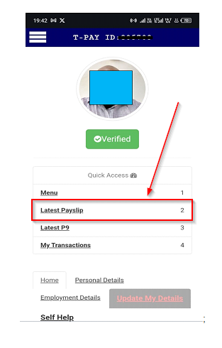 The TPay dashboard on mobile, with an indication of where to visit to get the latest payslip