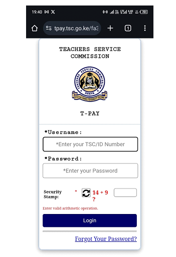The TPay Login page where one needs to login to obtain their TSC payslip