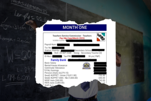 TSC Payslip Online Tutorial blog featured image with a classroom setting in the background and a TSC payslip in the foreground