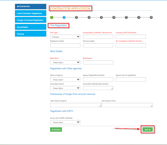 Step 9: Provide Firm Details to be registered as a contract by the National Construction Authority